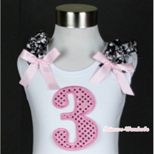 White Tank Top With 3rd Sparkle Light Pink Birthday Number Print With Damask Ruffles& Light Pink Bows TB247 